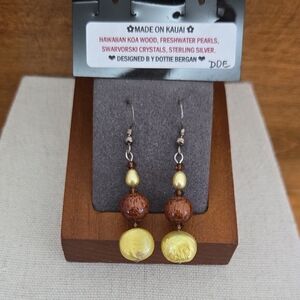 Koa Wood/Pearls/Sterling Silver Dottie Bergan Earrings Hawaii